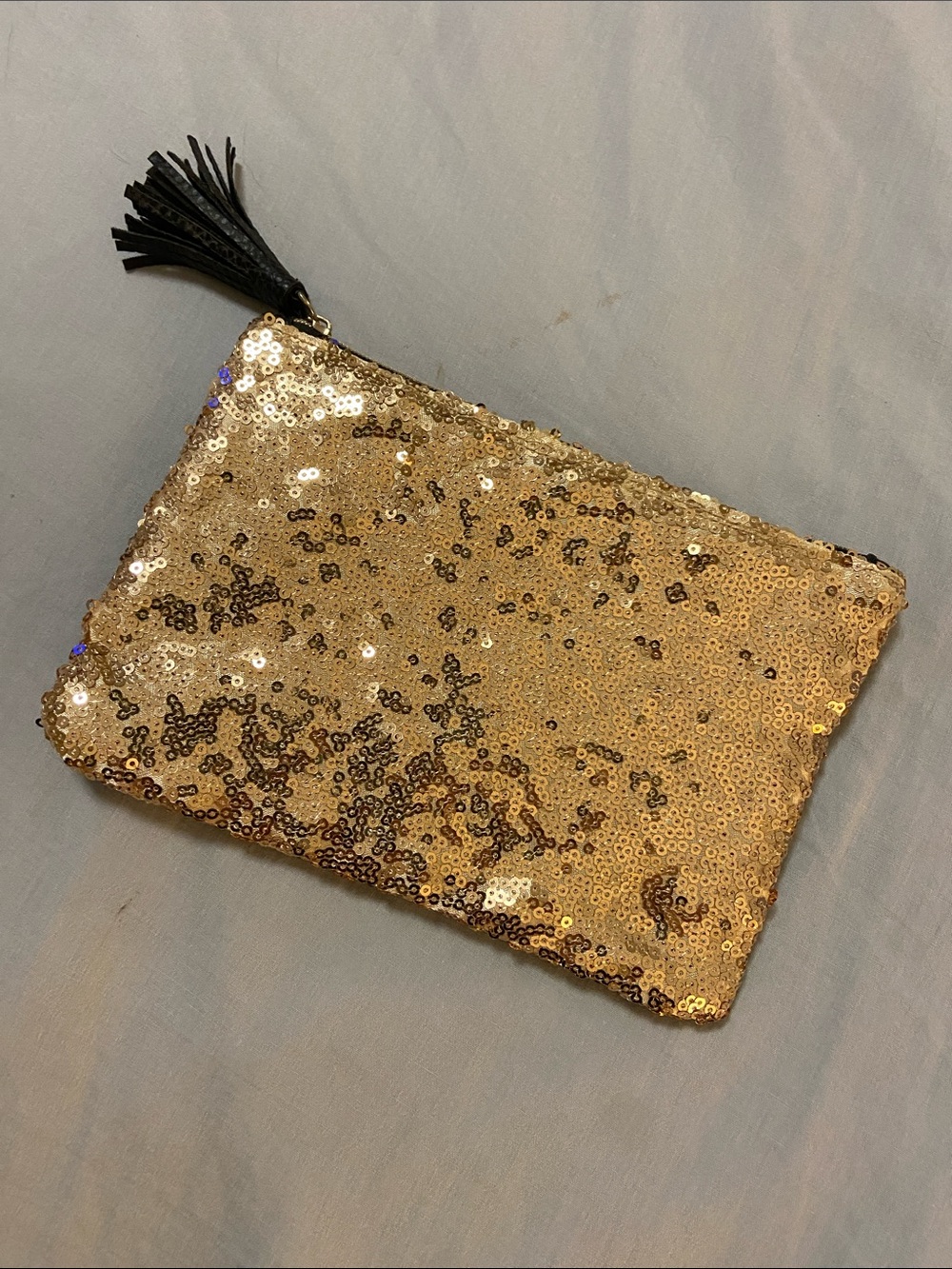 ipsy Gold Sequin Clutch with Black Tassel